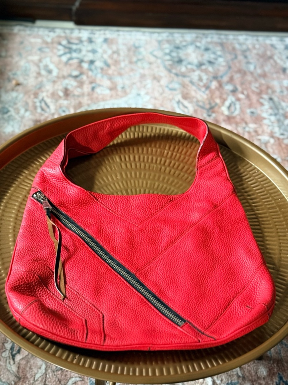 Christopher Kon Bold Red Leather Shoulder Hobo with Diagonal Zip